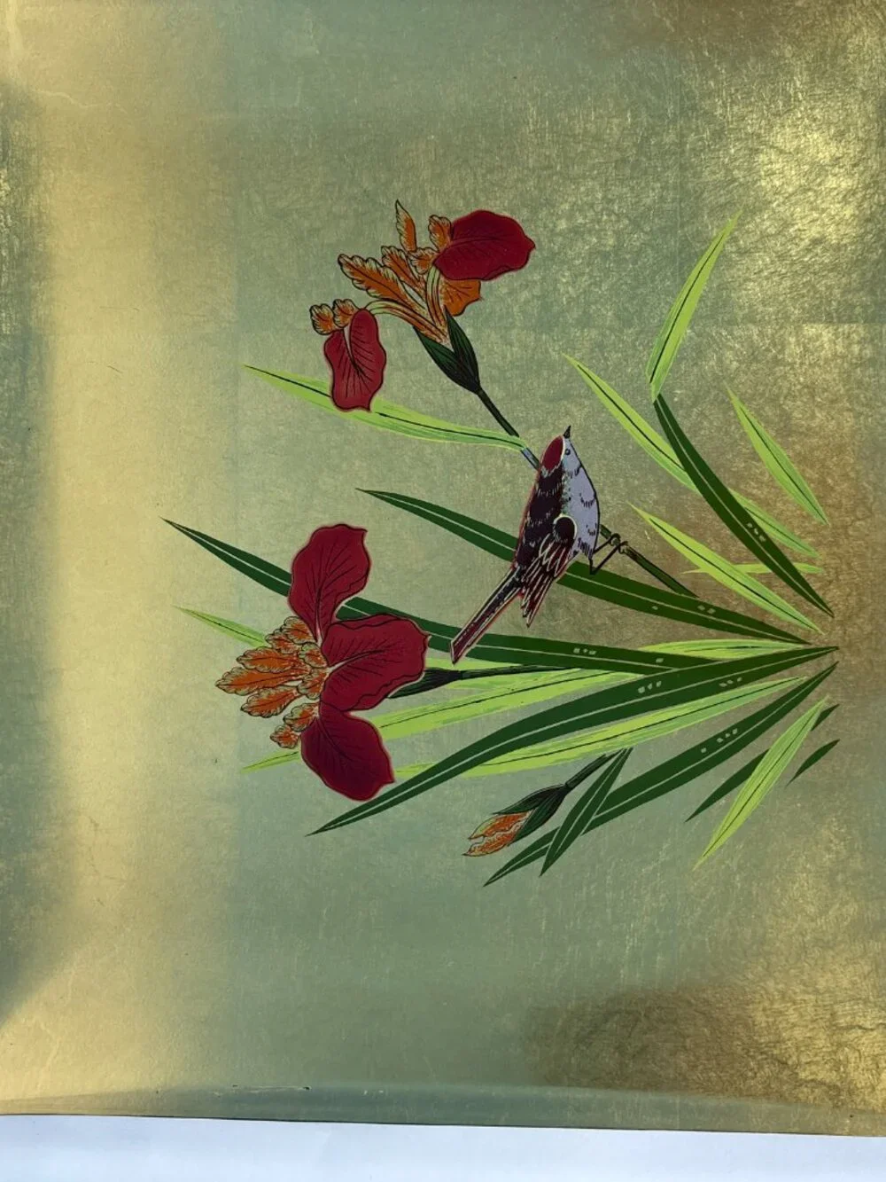 Vintage Toyo Japan Gold Lacquer Serving Tray | Mid Century Japanese Floral Bird